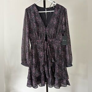 Femme by Design Black Dress with Pink Floral Speckle and Ruffle Hem, Size Medium